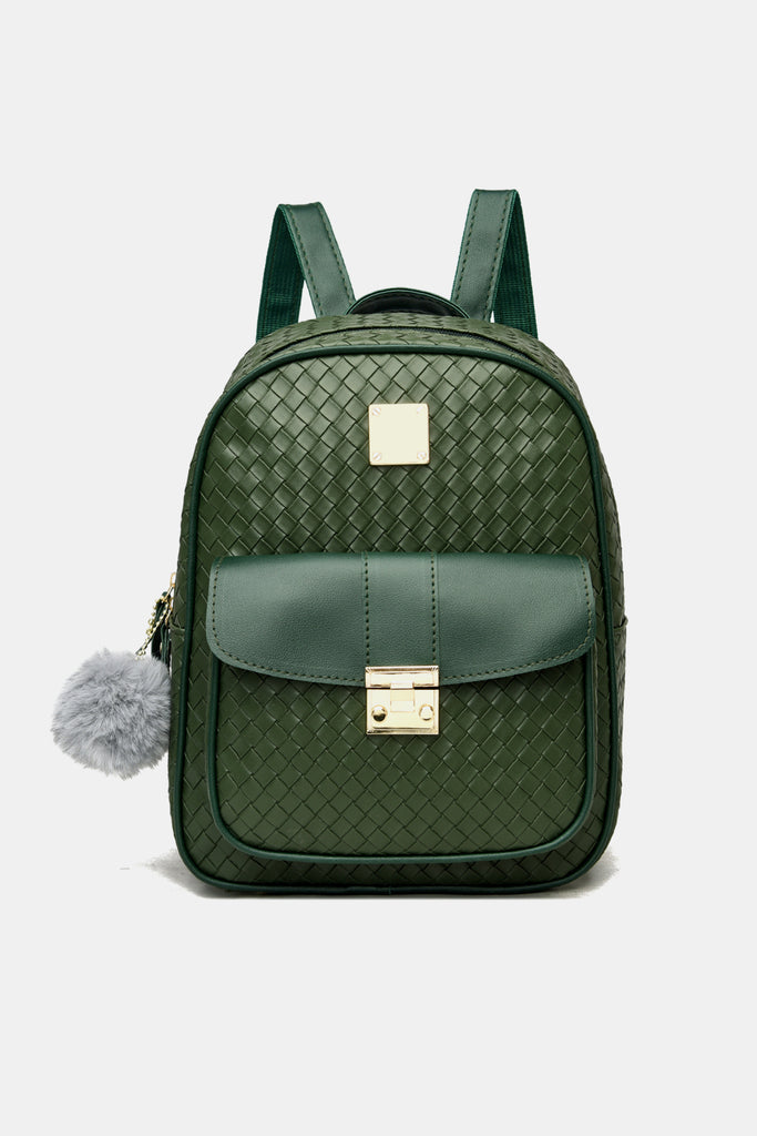 Woven Leather Backpack with Pom-Pom Pendant